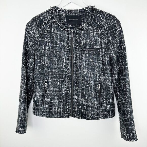 Banana Republic Short Black White Boucle Tweed Boucle Zip Front Lady Jacket Sz 2 - Picture 15 of 15